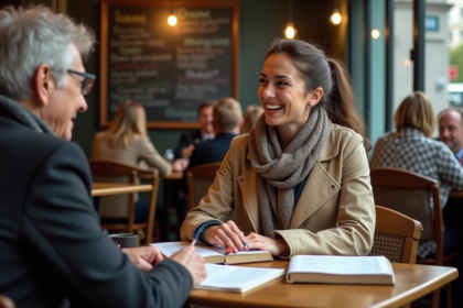 Jeune femme rieuse partage un livre avec un professeur dans un café parisien