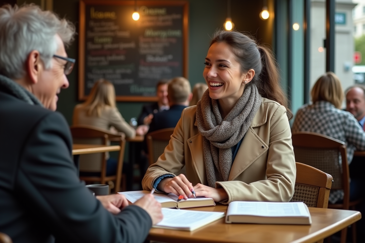 Jeune femme rieuse partage un livre avec un professeur dans un café parisien