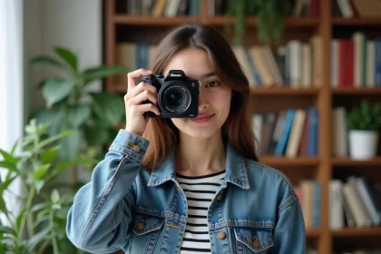 Jeune femme avec appareil photo dans un salon cosy