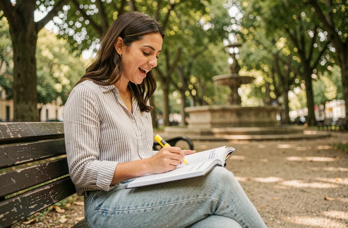Jeune femme en train de comprendre la règle du subjonctif dans un livre de grammaire française sur un banc de parc avec un air de révélation