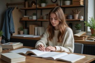 Jeune femme cousant un journal fait main dans un atelier cosy
