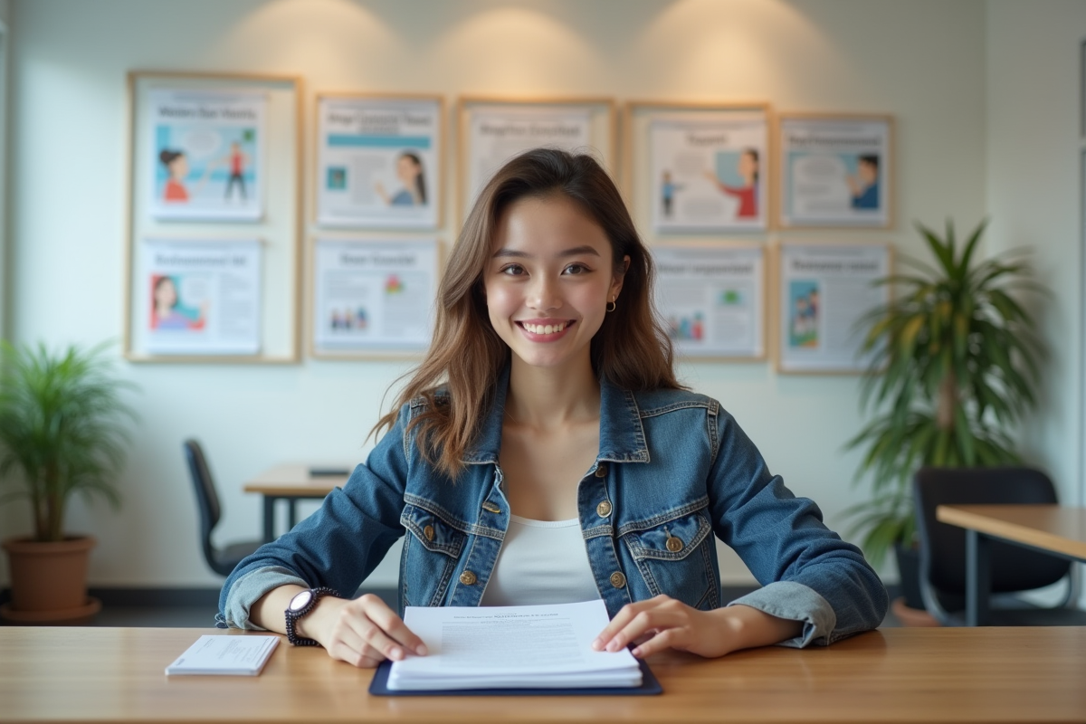 Jeune femme souriante avec dossier dans un centre communautaire
