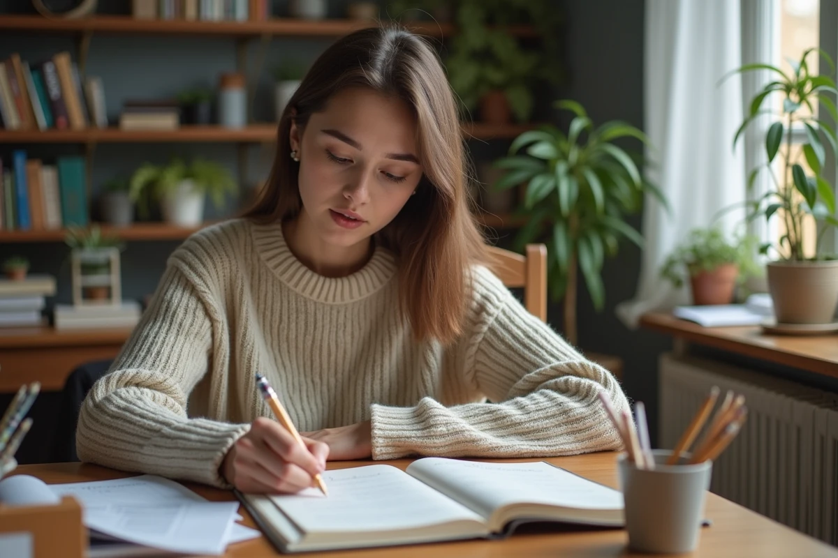 Jeune femme étudie la grammaire française à son bureau