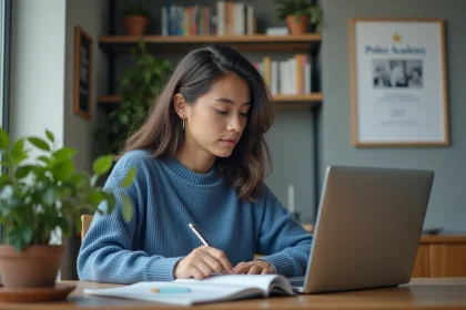 Jeune femme utilisant un ordinateur dans un coin étude moderne
