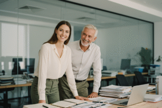 Jeune femme souriante avec mentor dans un bureau PME