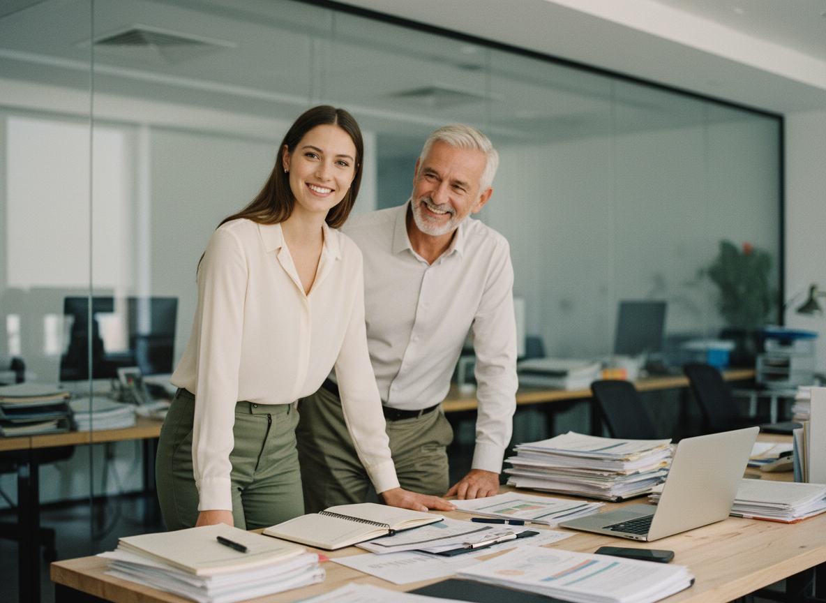 Jeune femme souriante avec mentor dans un bureau PME