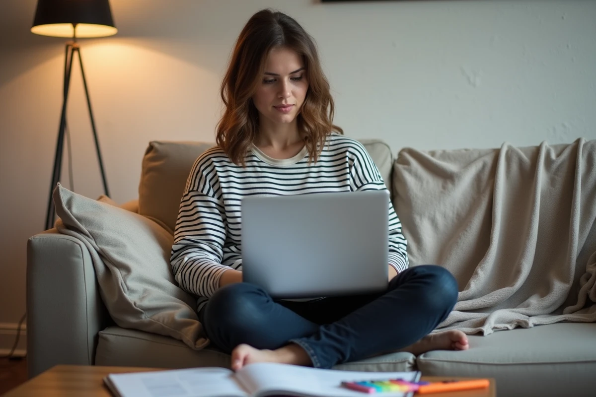 Jeune femme consultant son espace Moodle GRETA sur un canapé avec un agenda et des surligneurs