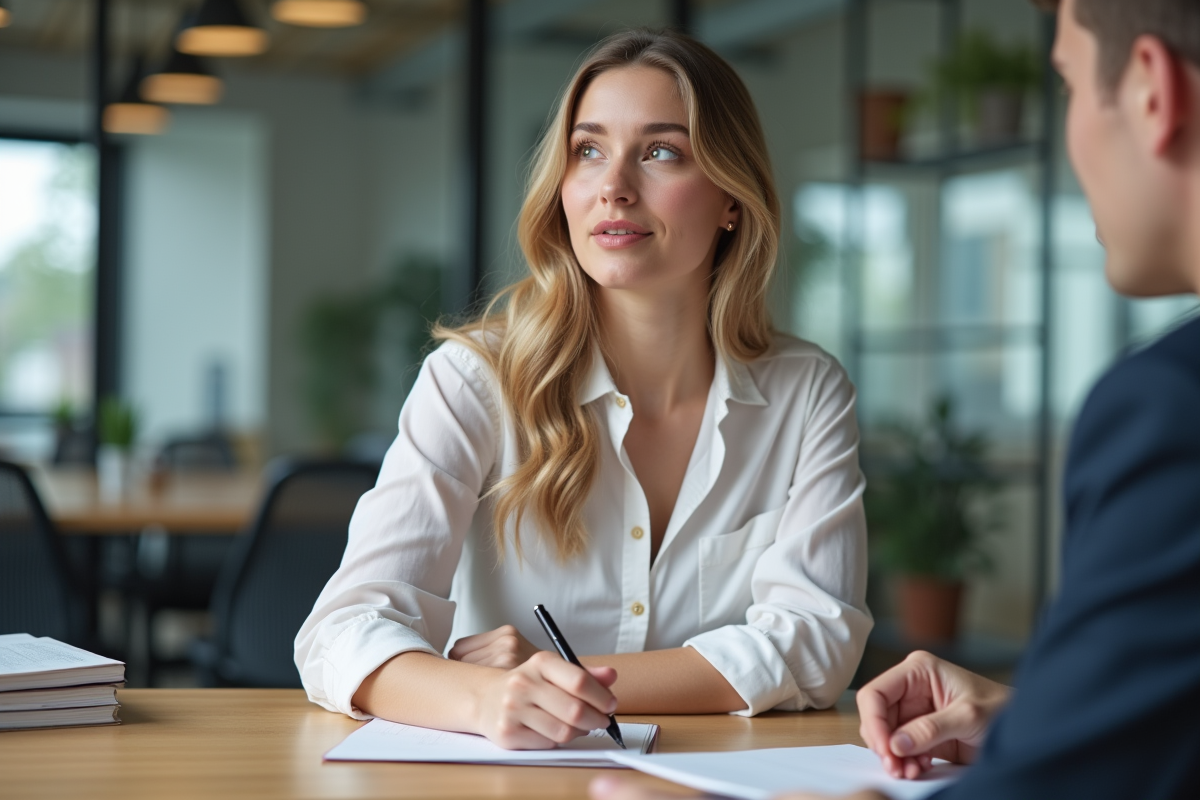 Jeune femme en réunion prise de notes attentivement