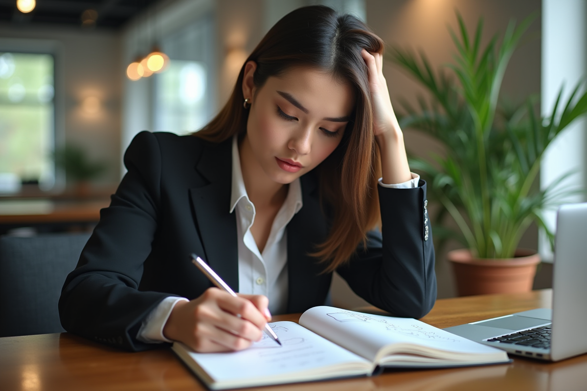 Jeune femme en tenue professionnelle esquissant des idées dans un coworking