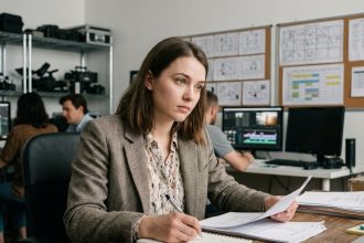 Jeune femme dans un bureau de production télévisée en train de revoir un script