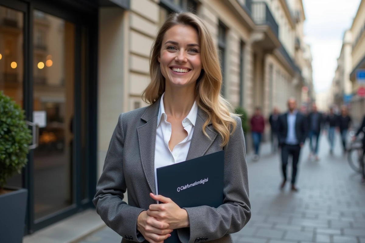 Jeune femme souriante devant un bâtiment parisien