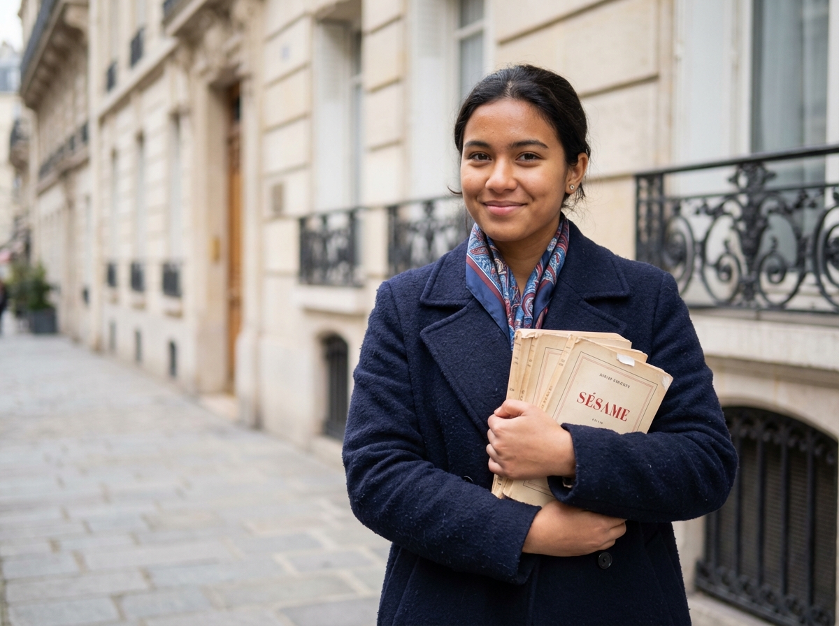Jeune femme parisienne avec livres Sésame devant bâtiment