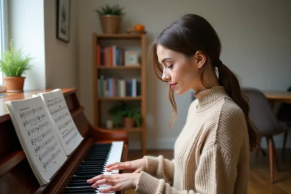 Jeune femme concentrée au piano avec partition en main