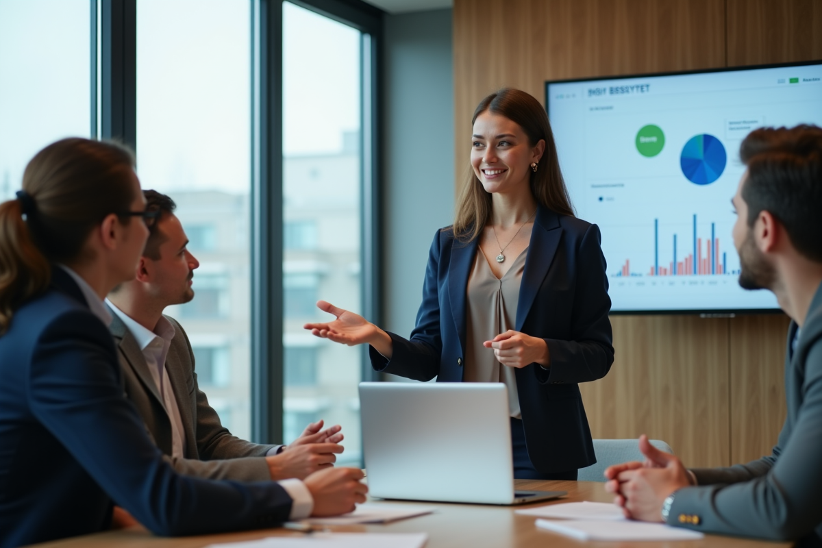 Jeune femme confiante présentant un pitch devant collègues en réunion