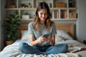 Jeune femme souriante utilisant son smartphone dans sa chambre