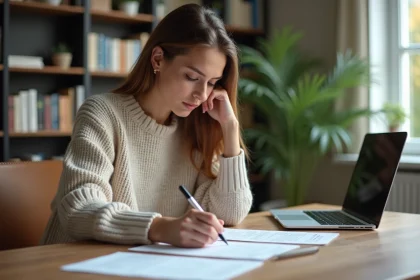 Jeune femme concentrée remplissant des tests psychometriques dans un bureau moderne