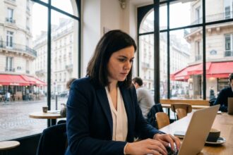 Jeune femme professionnelle travaillant sur un ordinateur à Paris