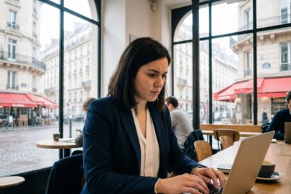Jeune femme professionnelle travaillant sur un ordinateur à Paris