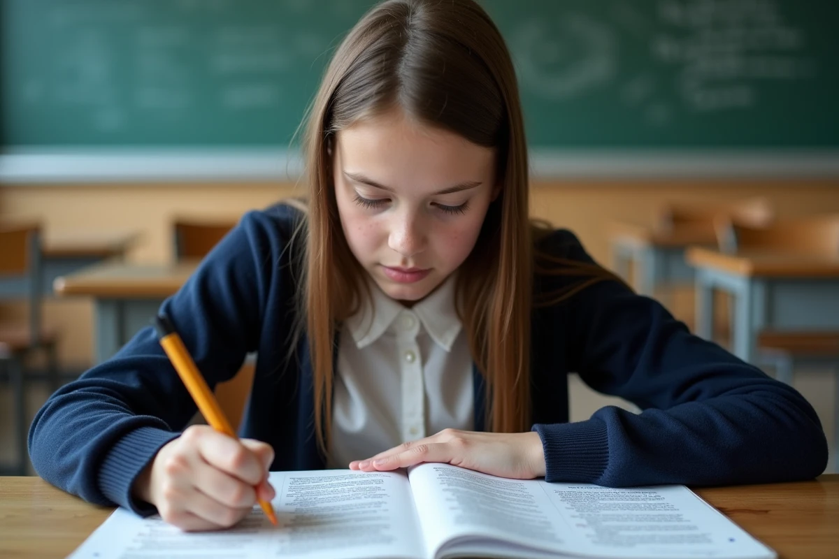Jeune fille étudiant une dissertation philosophique annotée