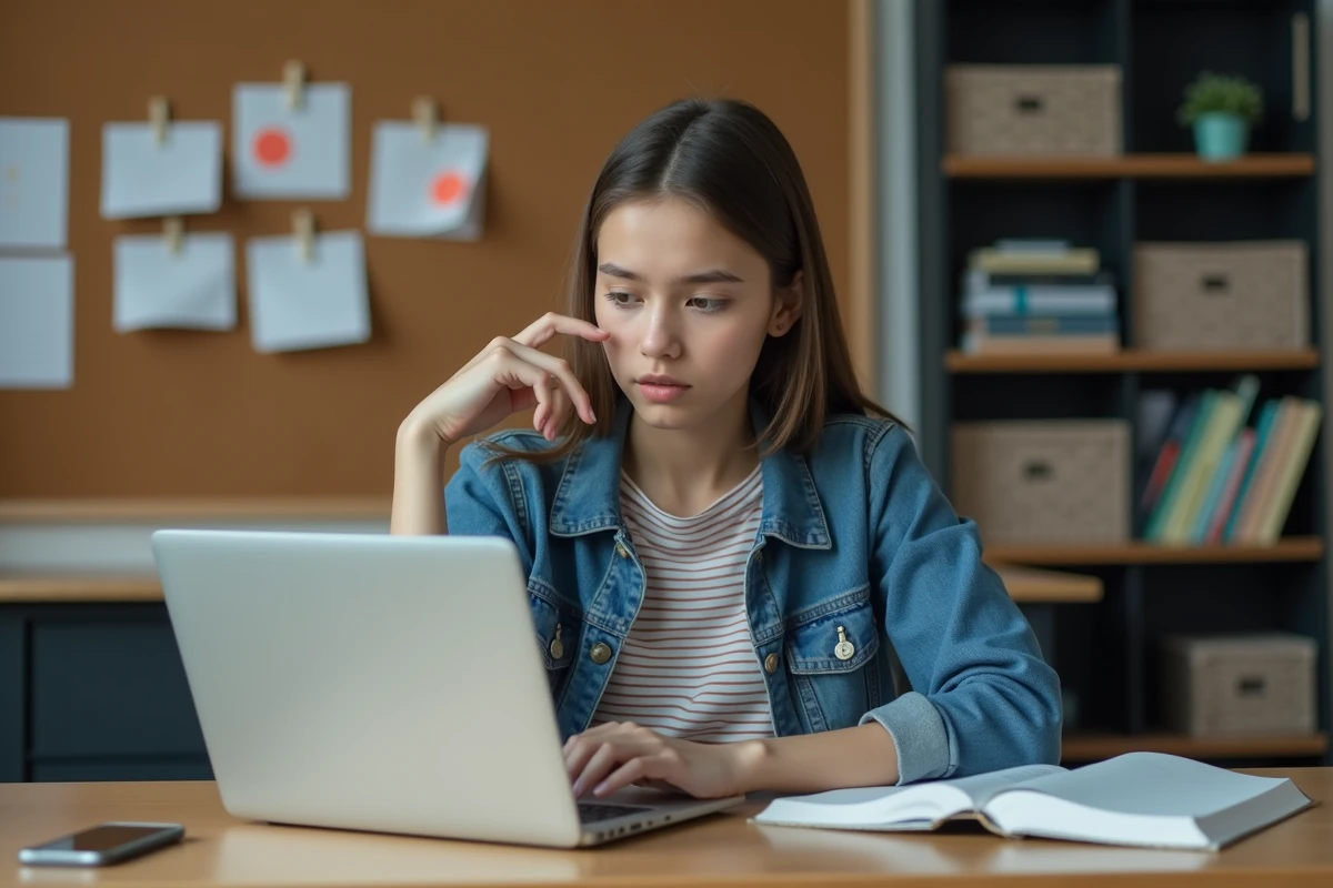 Jeune femme concentrée sur son ordinateur dans une chambre d'étudiant