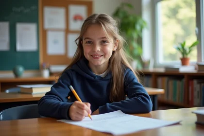 Jeune fille concentrée en grammaire dans une classe lumineuse