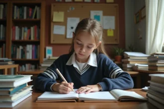 Jeune fille de 14 ans écrivant une lettre dans un bureau cosy