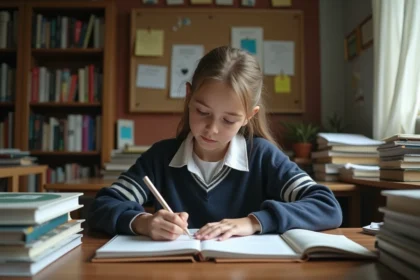 Jeune fille de 14 ans écrivant une lettre dans un bureau cosy