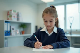 Jeune fille de 14 ans écrivant une lettre dans un bureau hospitalier