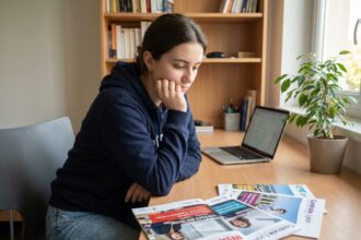 Jeune femme pensante avec brochures d'ingenierie à Lyon