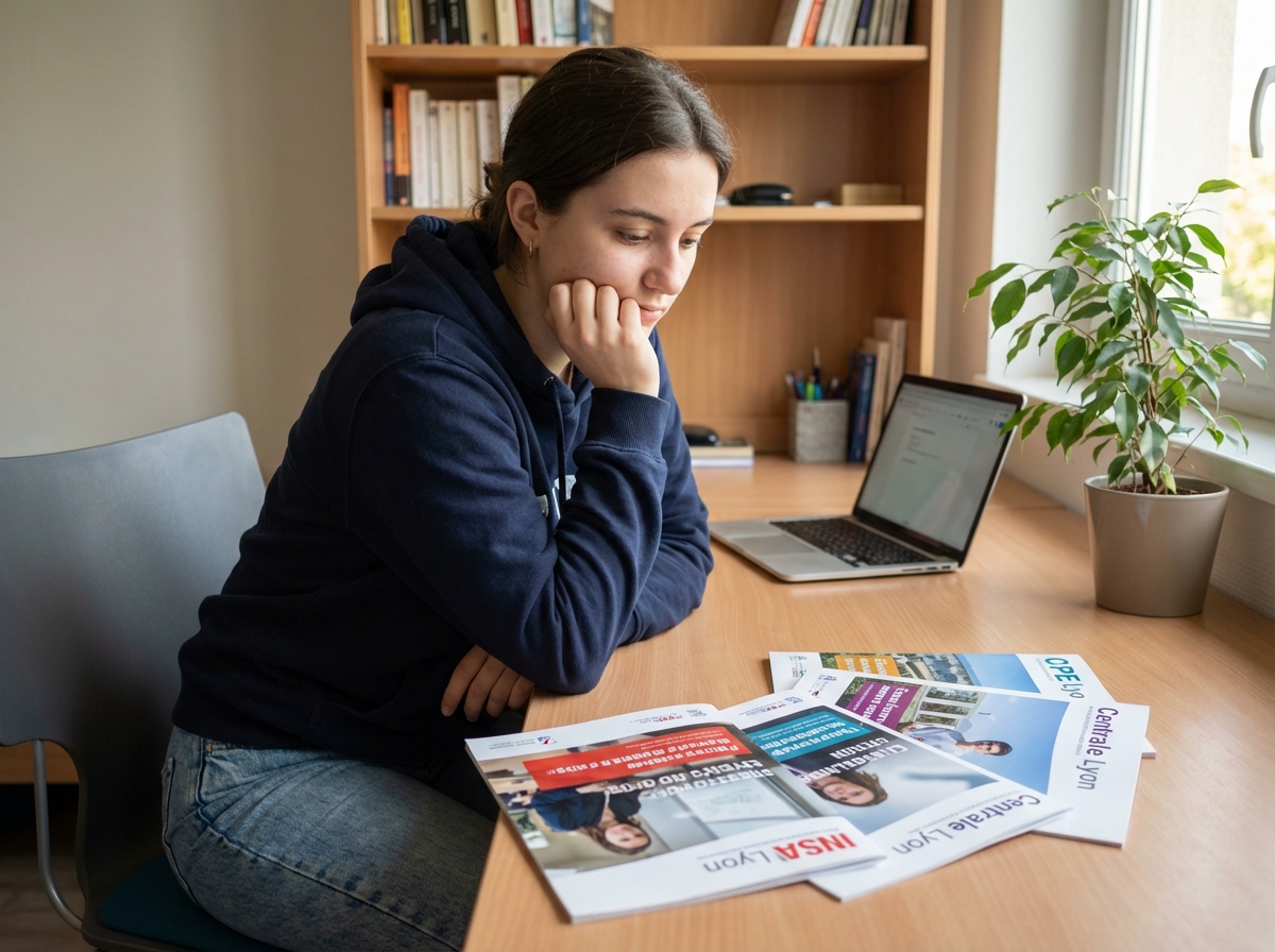 Jeune femme pensante avec brochures d'ingenierie à Lyon