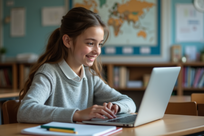 Jeune fille en uniforme scolaire utilisant son ordinateur portable