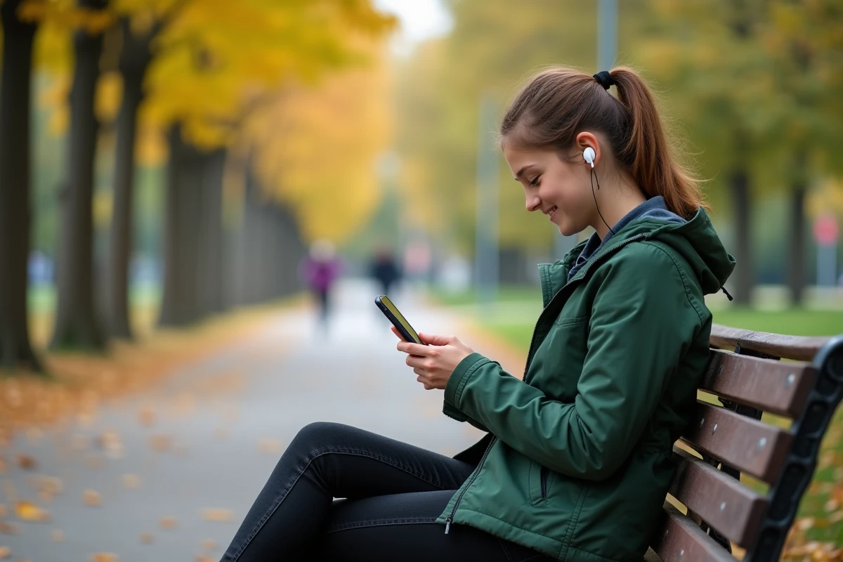 Fille dehors sur un banc de parc pratiquant des questions de sécurité routière