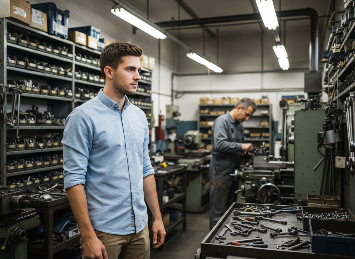 Jeune homme dans un atelier industriel observant un technicien