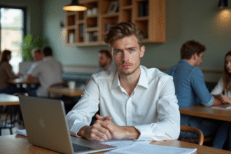 Jeune homme pensif au café avec documents et ordinateur