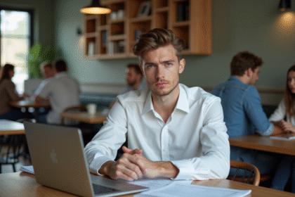 Jeune homme pensif au café avec documents et ordinateur