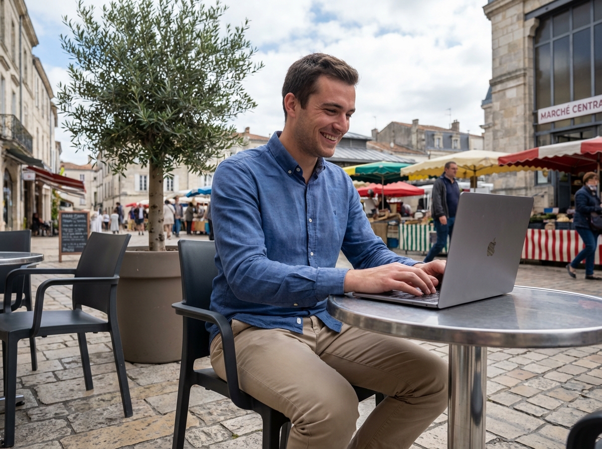 Jeune homme travaillant sur son ordinateur au café à Royan
