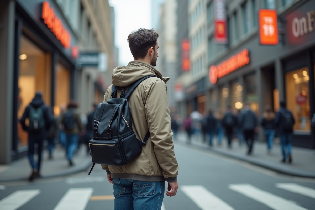 Jeune homme hésitant à un passage piéton en ville