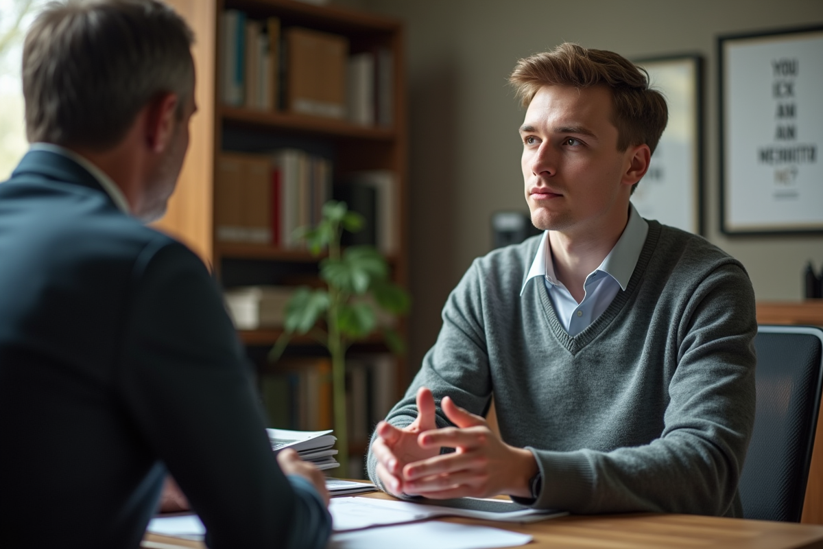 Jeune homme écoute un superviseur dans un bureau