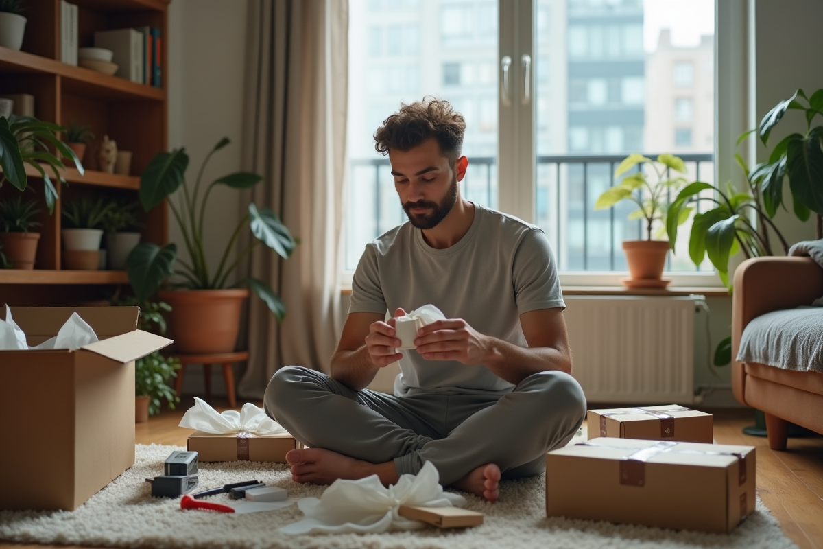 Jeune homme emballant des produits dans un salon
