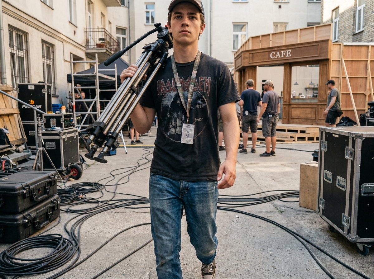 Jeune homme portant un trépied sur un plateau de tournage extérieur