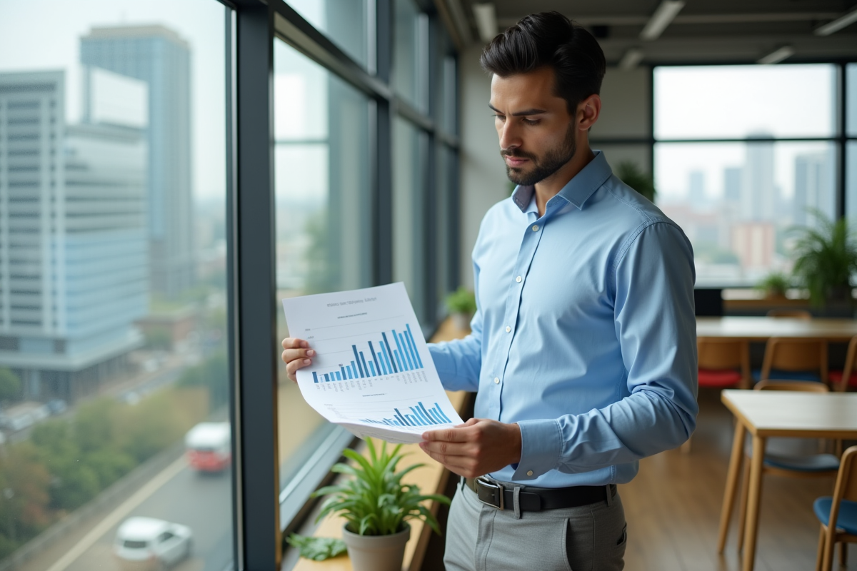 Jeune homme vérifiant un graphique à barres dans un espace de coworking