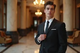 Jeune homme en costume dans un lobby hôtel de luxe