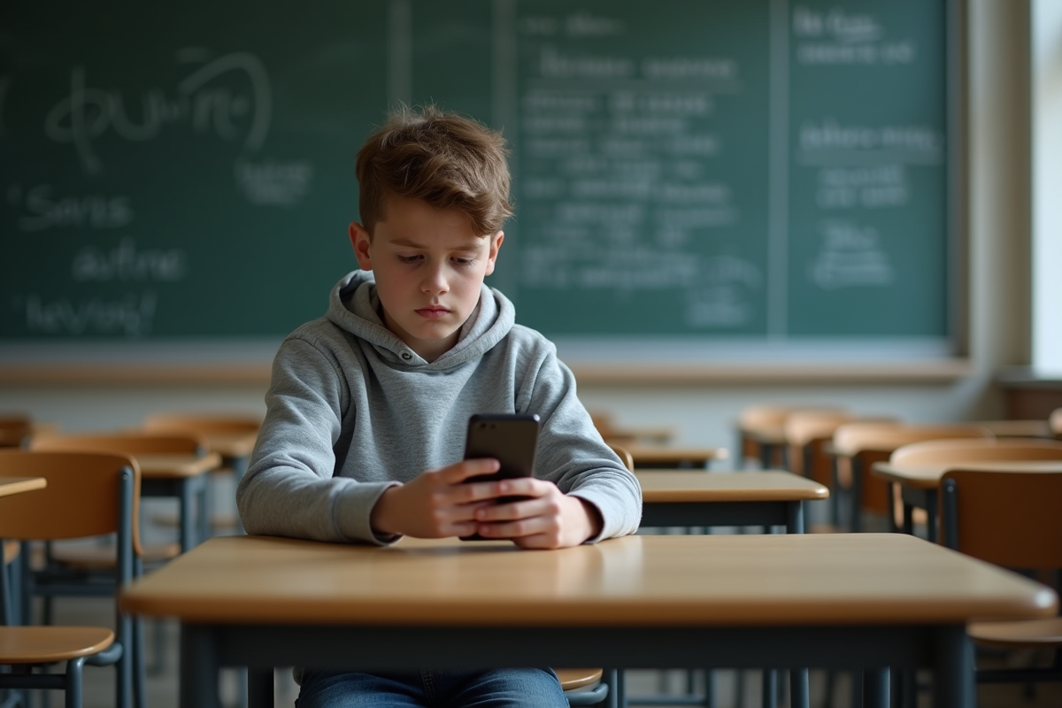 Adolescent seul dans une classe moderne avec smartphone