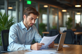 Jeune homme lisant des documents de stage dans un bureau moderne