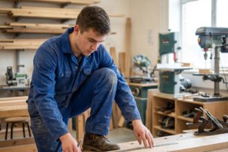 Jeune homme en atelier de menuiserie mesure un bois avec précision