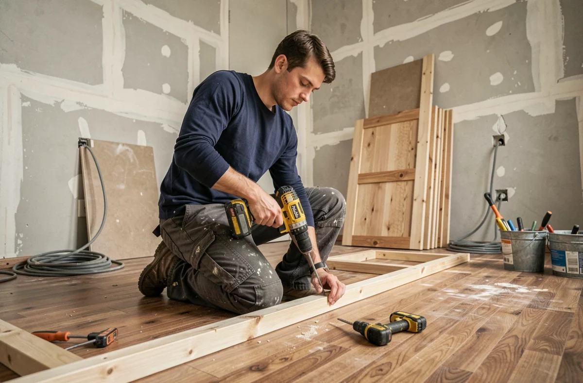 Jeune homme en train de poser un cadre de porte lors d'une rénovation appartement, illustrant une formation pratique au bricolage