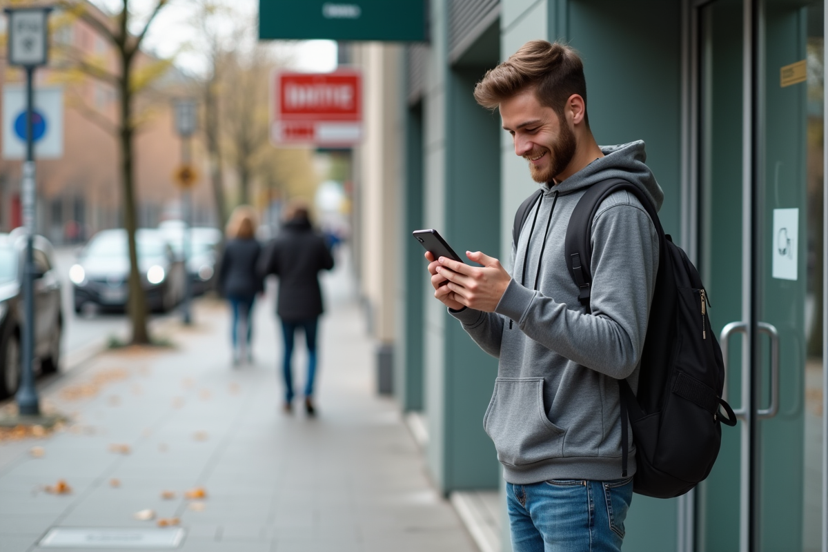 Jeune homme vérifiant son smartphone devant un bureau municipal