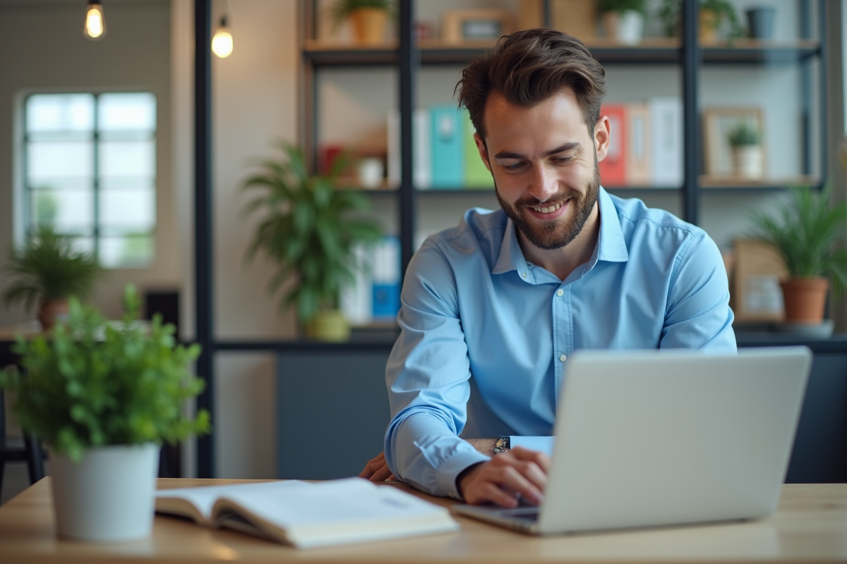 Jeune homme concentré travaillant sur son ordinateur portable