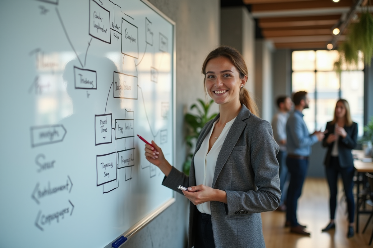 Jeune femme présentant un diagramme blanc en startup
