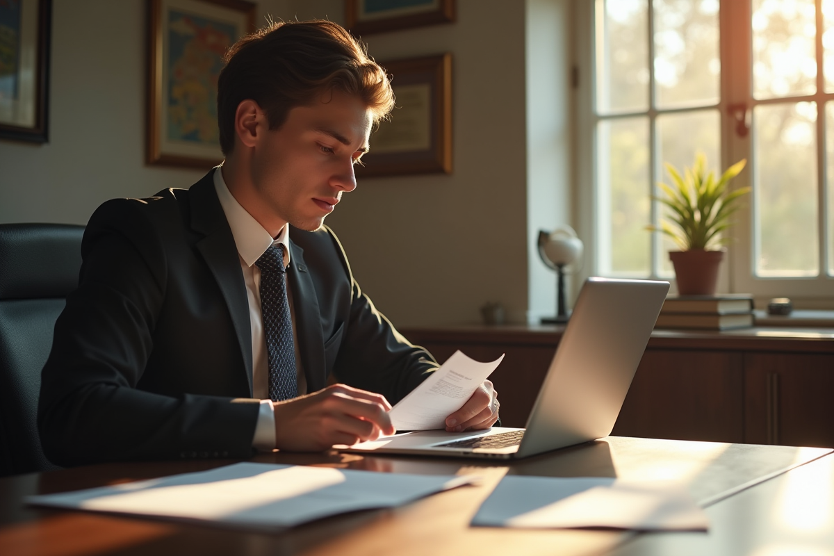 Jeune notaire seul à son bureau avec documents et ordinateur